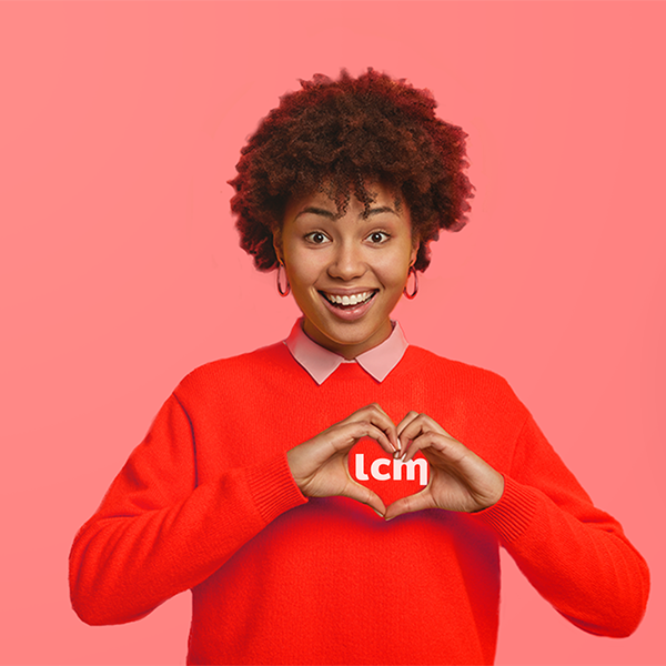 Woman with heart-shaped hands, with LCM logo